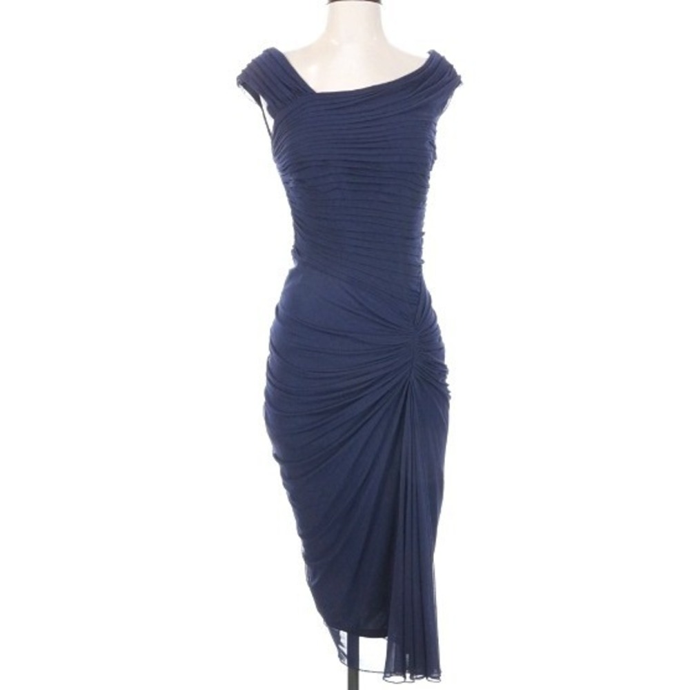Tadashi Shoji Navy Pleated Draped Slinky Cinched Asymmetrical Cocktail Dress L